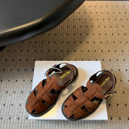 PRADA 26S ANKLE STRAP FISHERMAN SANDALS IN BROWN SUEDE