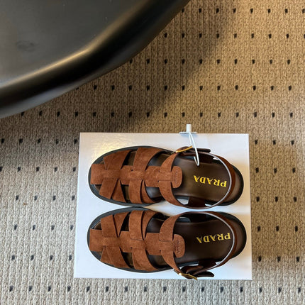 PRADA 26S ANKLE STRAP FISHERMAN SANDALS IN BROWN SUEDE