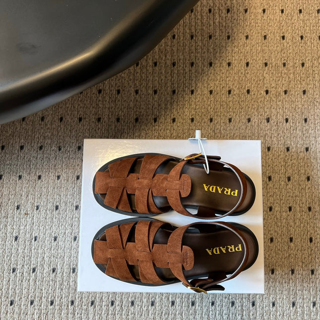 PRADA 26S ANKLE STRAP FISHERMAN SANDALS IN BROWN SUEDE