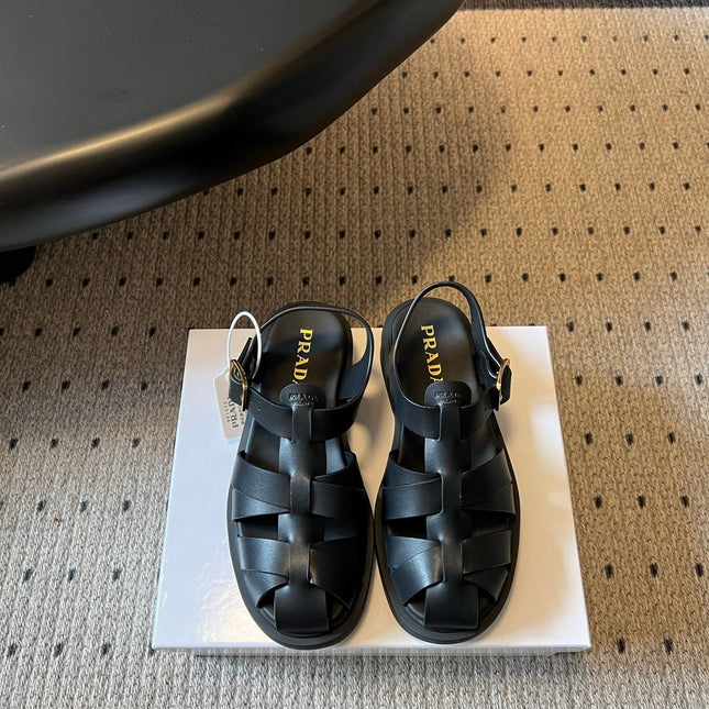 PRADA 26S ANKLE STRAP FISHERMAN SANDALS IN BLACK CALFSKIN
