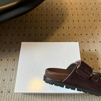 PRADA 26S DOUBLE STRAP SLIDES 35MM IN DARK BROWN SUEDE