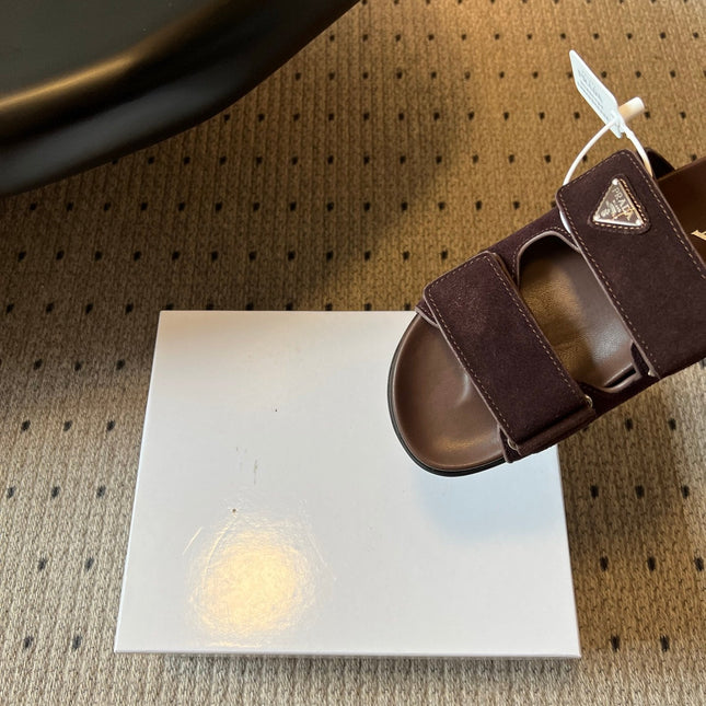 PRADA 26S DOUBLE STRAP SLIDES 35MM IN DARK BROWN SUEDE