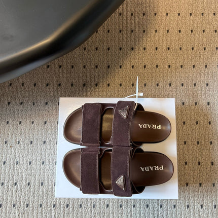 PRADA 26S DOUBLE STRAP SLIDES 35MM IN DARK BROWN SUEDE