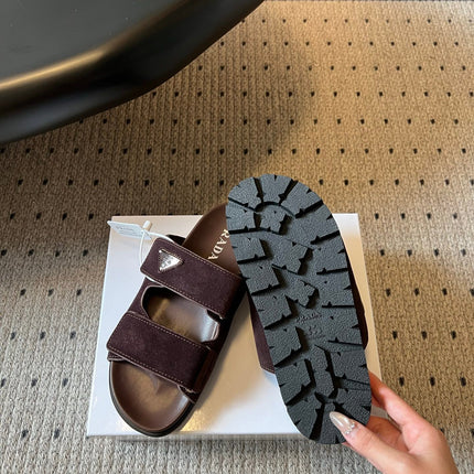 PRADA 26S DOUBLE STRAP SLIDES 35MM IN DARK BROWN SUEDE