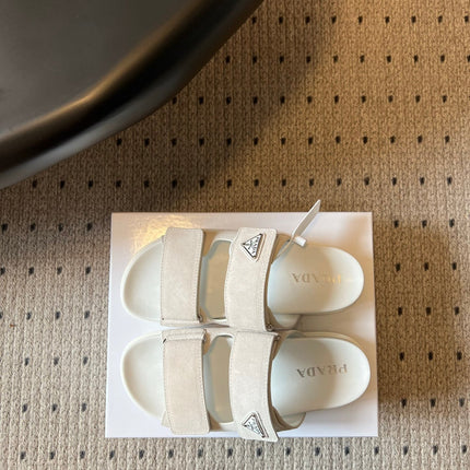 PRADA 26S DOUBLE STRAP SLIDES 35MM IN IVORY WHITE SUEDE