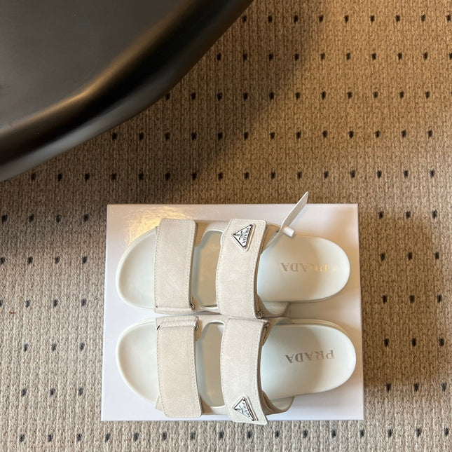 PRADA 26S DOUBLE STRAP SLIDES 35MM IN IVORY WHITE SUEDE