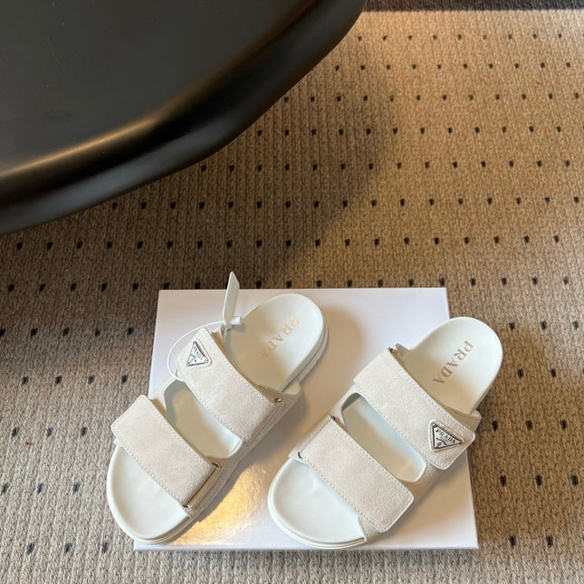 PRADA 26S DOUBLE STRAP SLIDES 35MM IN IVORY WHITE SUEDE