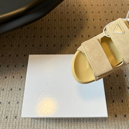 PRADA 26S DOUBLE STRAP SLIDES 35MM IN BEIGE SUEDE