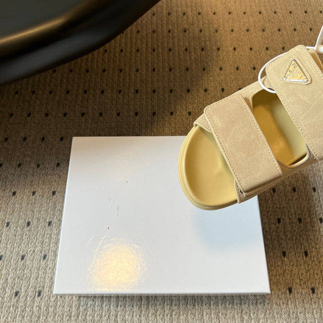 PRADA 26S DOUBLE STRAP SLIDES 35MM IN BEIGE SUEDE
