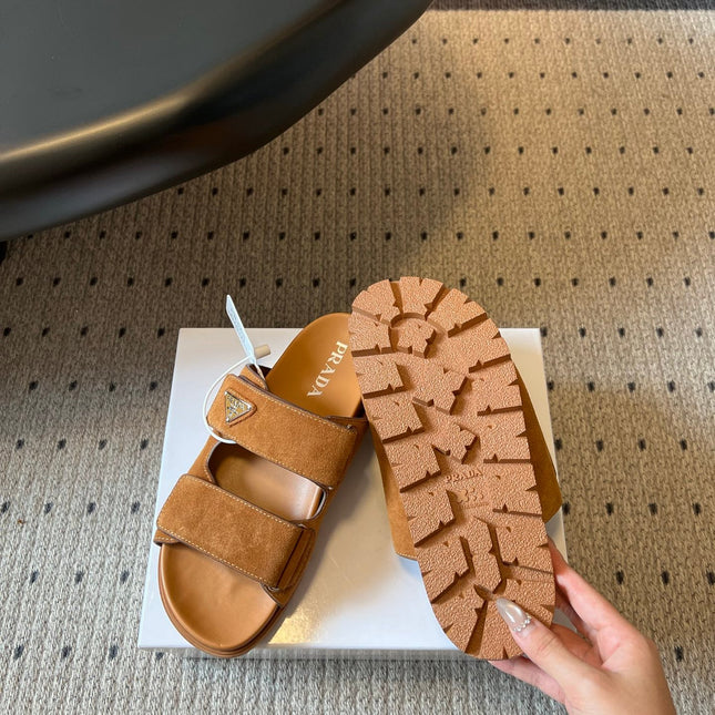 PRADA 26S DOUBLE STRAP SLIDES 35MM IN CARAMEL BROWN SUEDE