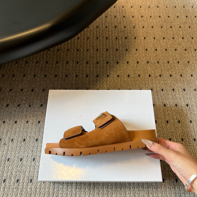 PRADA 26S DOUBLE STRAP SLIDES 35MM IN CARAMEL BROWN SUEDE