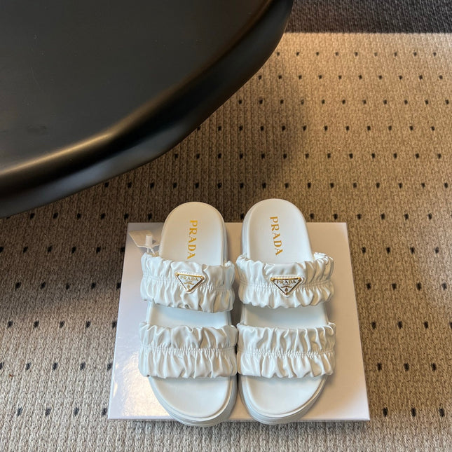 PRADA 26S RUCHED DOUBLE STRAP PLATFORM SLIDES 55MM IN WHITE CALFSKIN