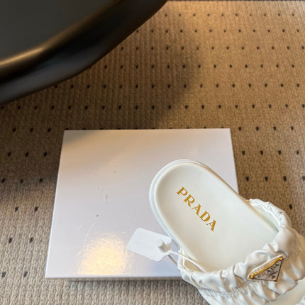 PRADA 26S RUCHED DOUBLE STRAP PLATFORM SLIDES 55MM IN WHITE CALFSKIN