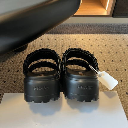 PRADA 26S RUCHED DOUBLE STRAP PLATFORM SLIDES 55MM IN BLACK CALFSKIN