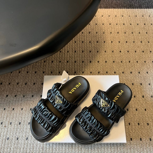 PRADA 26S RUCHED DOUBLE STRAP PLATFORM SLIDES 55MM IN BLACK CALFSKIN