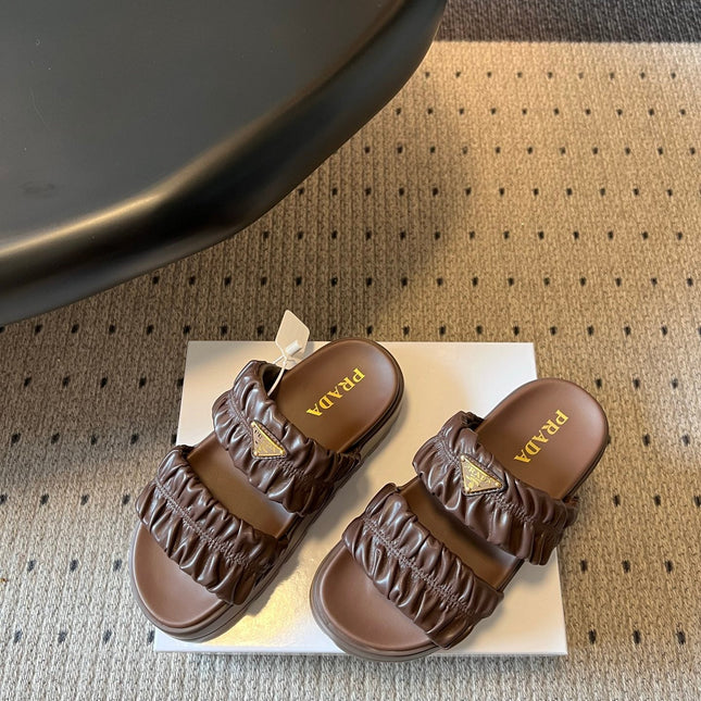PRADA 26S RUCHED DOUBLE STRAP PLATFORM SLIDES 55MM IN DARK BROWN CALFSKIN