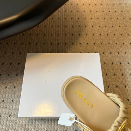 PRADA 26S RUCHED DOUBLE STRAP PLATFORM SLIDES 55MM IN BEIGE CALFSKIN