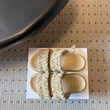 PRADA 26S RUCHED DOUBLE STRAP PLATFORM SLIDES 55MM IN BEIGE CALFSKIN
