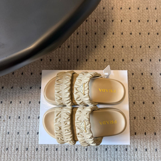 PRADA 26S RUCHED DOUBLE STRAP PLATFORM SLIDES 55MM IN BEIGE CALFSKIN