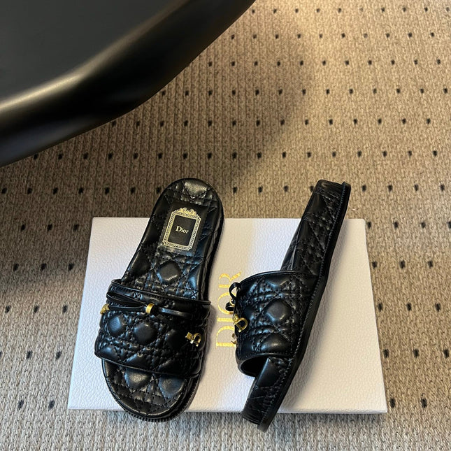 DIOR 26S SLIDES IN BLACK CALFSKIN WITH BOW