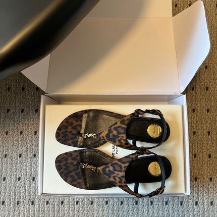 YSL 26S WIDE-STRAP THONG SANDALS IN LEOPARD PRINT FABRIC