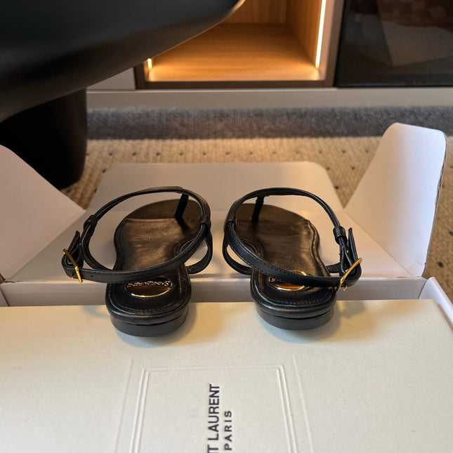 YSL 26S WIDE-STRAP THONG SANDALS IN BLACK CALFSKIN