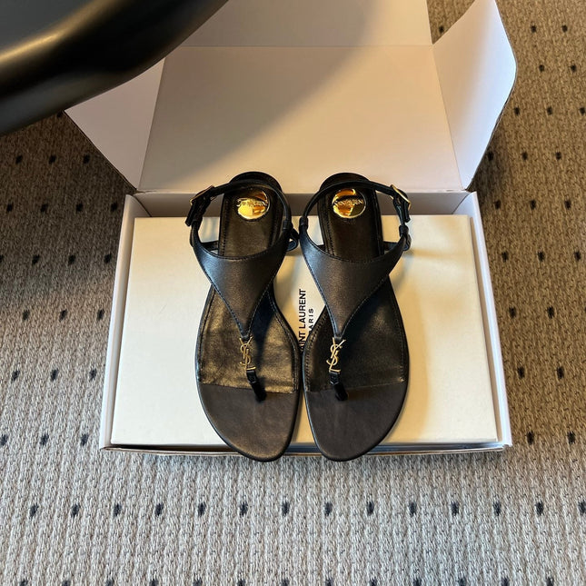 YSL 26S WIDE-STRAP THONG SANDALS IN BLACK CALFSKIN