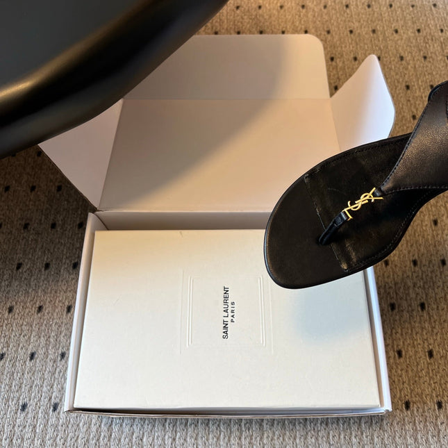 YSL 26S WIDE-STRAP THONG SANDALS IN BLACK CALFSKIN