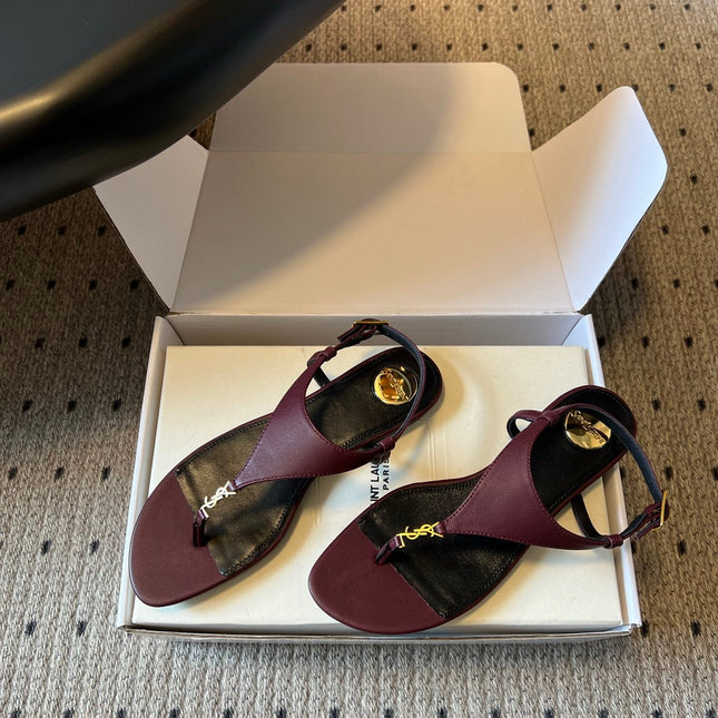 YSL 26S WIDE-STRAP THONG SANDALS IN DARK RED CALFSKIN