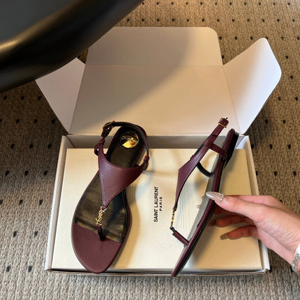 YSL 26S WIDE-STRAP THONG SANDALS IN DARK RED CALFSKIN