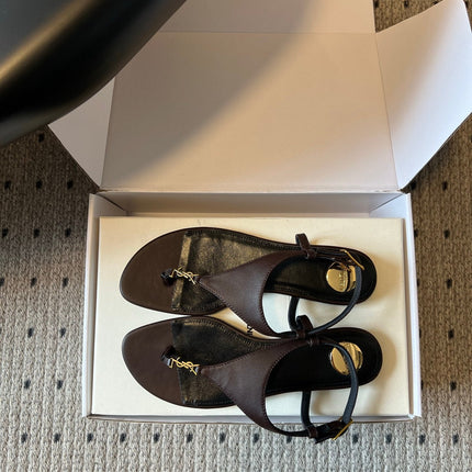 YSL 26S WIDE-STRAP THONG SANDALS IN CHOCOLATE BROWN CALFSKIN