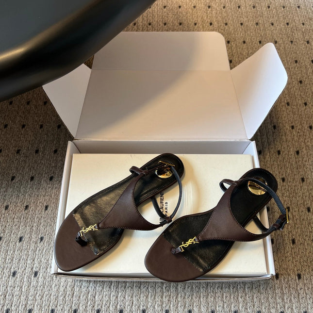YSL 26S WIDE-STRAP THONG SANDALS IN CHOCOLATE BROWN CALFSKIN