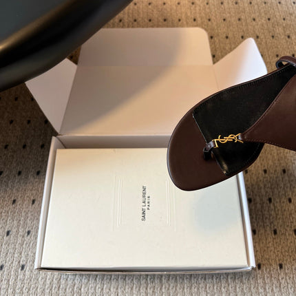 YSL 26S WIDE-STRAP THONG SANDALS IN CHOCOLATE BROWN CALFSKIN