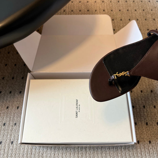 YSL 26S WIDE-STRAP THONG SANDALS IN CHOCOLATE BROWN CALFSKIN