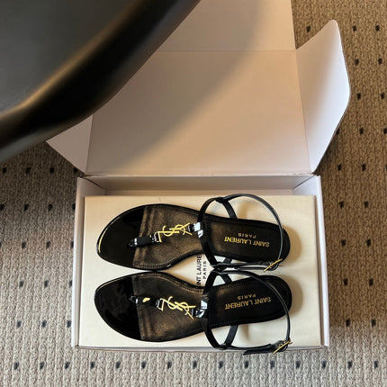YSL 26S THONG SANDALS IN BLACK SHINY CALFSKIN WITH GOLD HARDWARE