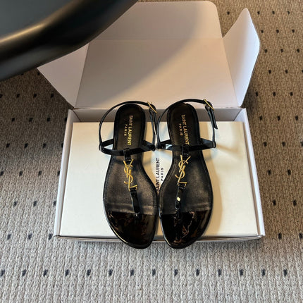 YSL 26S THONG SANDALS IN BLACK SHINY CALFSKIN WITH GOLD HARDWARE