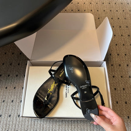 YSL 26S THONG SANDALS IN BLACK SHINY CALFSKIN WITH GOLD HARDWARE