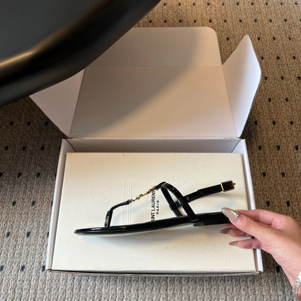 YSL 26S THONG SANDALS IN BLACK SHINY CALFSKIN WITH GOLD HARDWARE