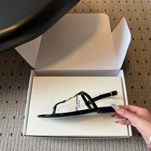 YSL 26S THONG SANDALS IN BLACK SHINY CALFSKIN WITH GOLD HARDWARE