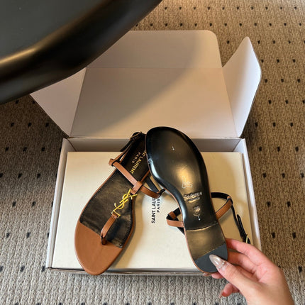 YSL 26S THONG SANDALS IN BROWN CALFSKIN WITH GOLD HARDWARE