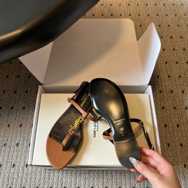 YSL 26S THONG SANDALS IN BROWN CALFSKIN WITH GOLD HARDWARE