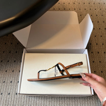 YSL 26S THONG SANDALS IN BROWN CALFSKIN WITH GOLD HARDWARE