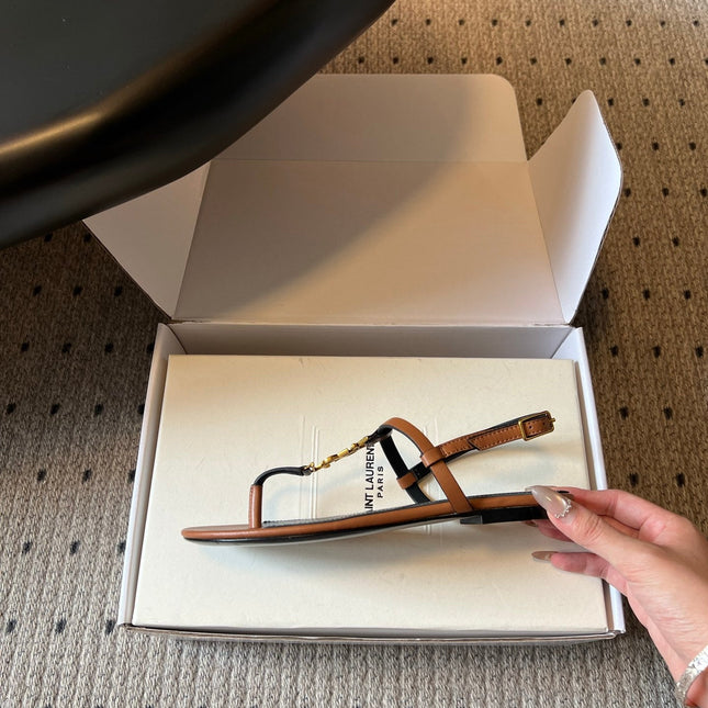 YSL 26S THONG SANDALS IN BROWN CALFSKIN WITH GOLD HARDWARE