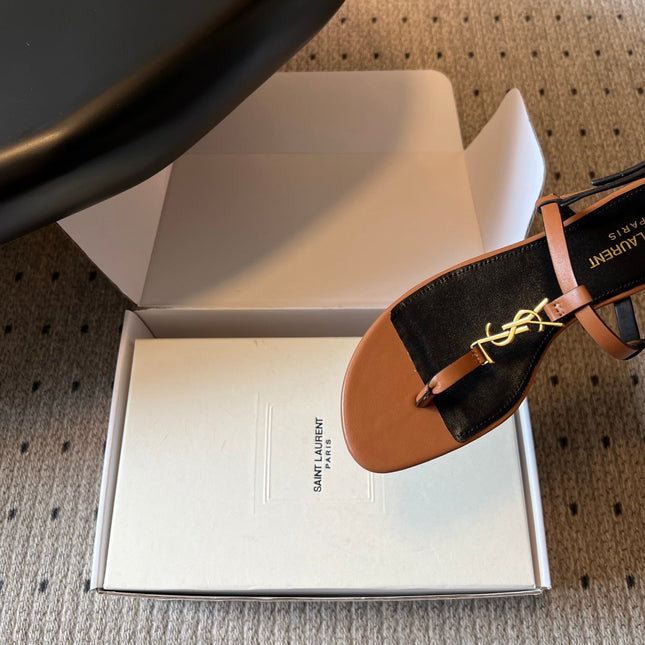 YSL 26S THONG SANDALS IN BROWN CALFSKIN WITH GOLD HARDWARE