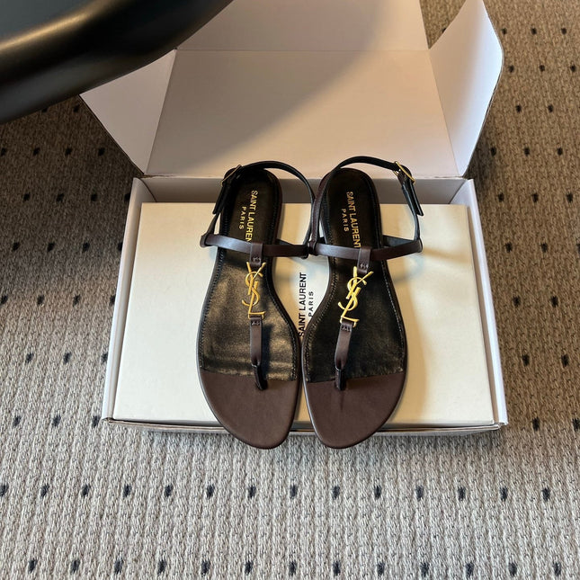 YSL 26S THONG SANDALS IN CHOCOLATE BROWN CALFSKIN WITH GOLD HARDWARE