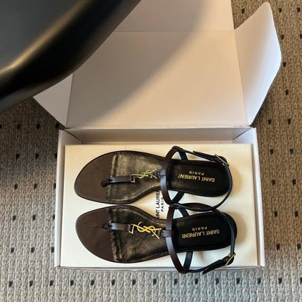 YSL 26S THONG SANDALS IN CHOCOLATE BROWN CALFSKIN WITH GOLD HARDWARE