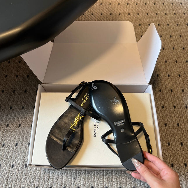 YSL 26S THONG SANDALS IN BLACK CALFSKIN WITH GOLD HARDWARE