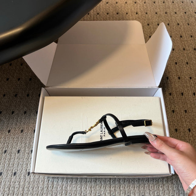 YSL 26S THONG SANDALS IN BLACK CALFSKIN WITH GOLD HARDWARE
