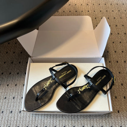 YSL 26S THONG SANDALS IN BLACK CALFSKIN WITH GOLD HARDWARE