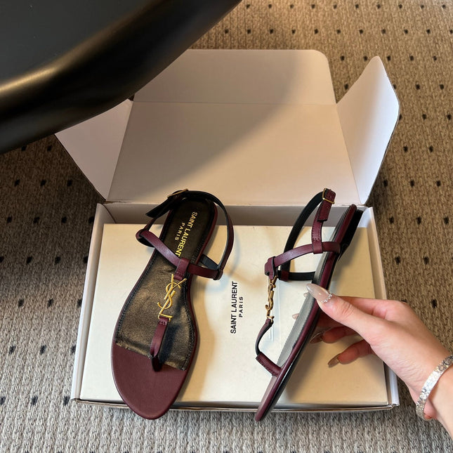 YSL 26S THONG SANDALS IN DARK RED CALFSKIN WITH GOLD HARDWARE